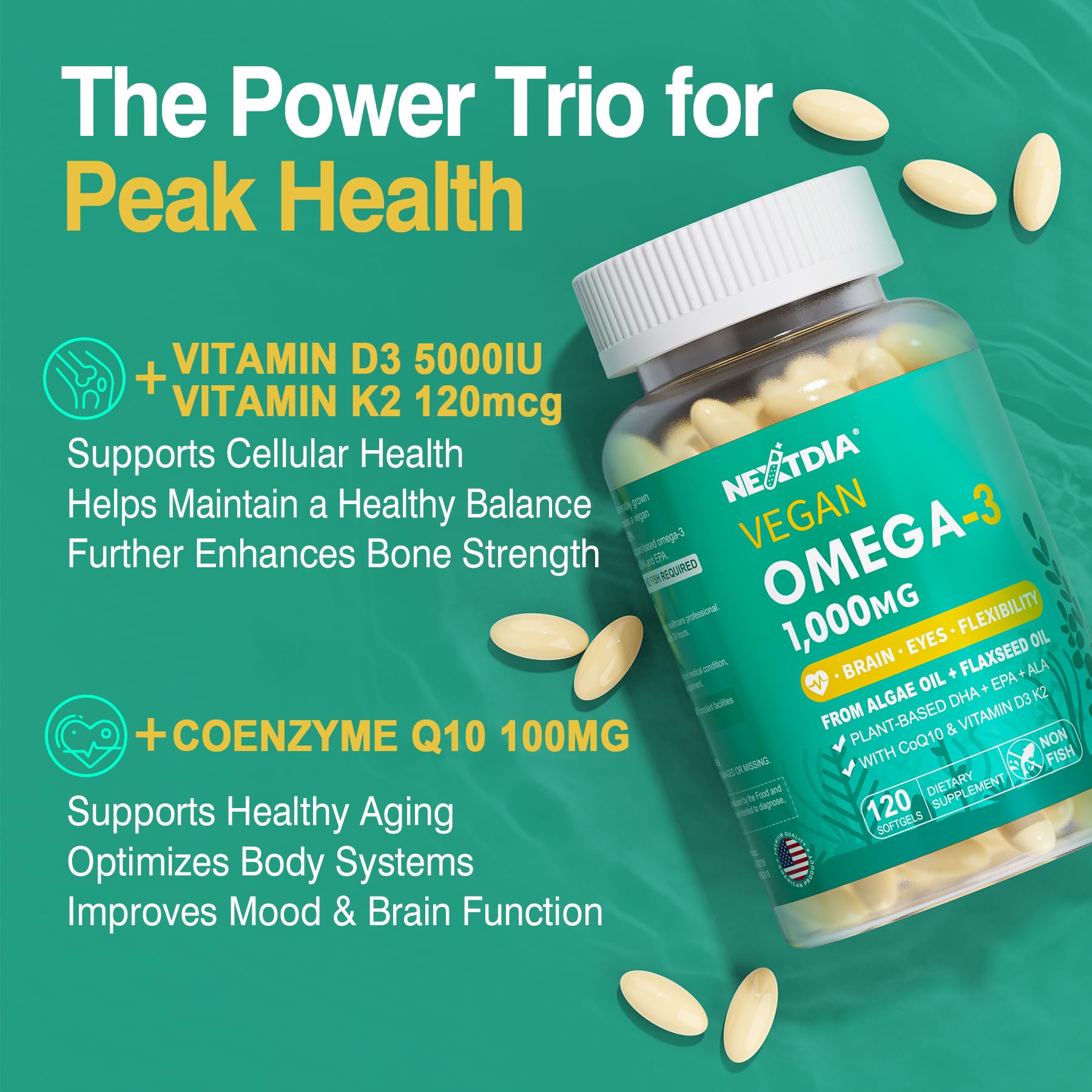 Product image showing omega-3 benefits for brain, eyes, skin