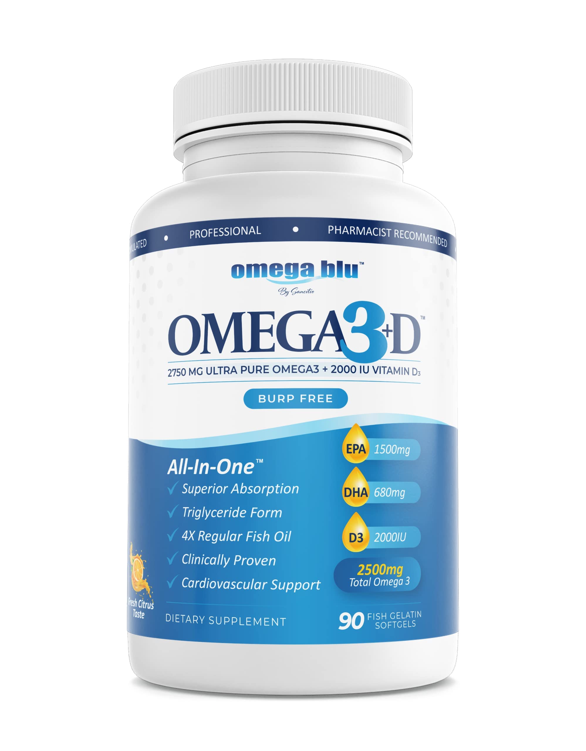 Close-up of Omega Blu capsule showing EPA 1500mg and DHA 680mg per serving