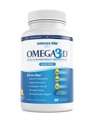 Close-up of Omega Blu capsule showing EPA 1500mg and DHA 680mg per serving