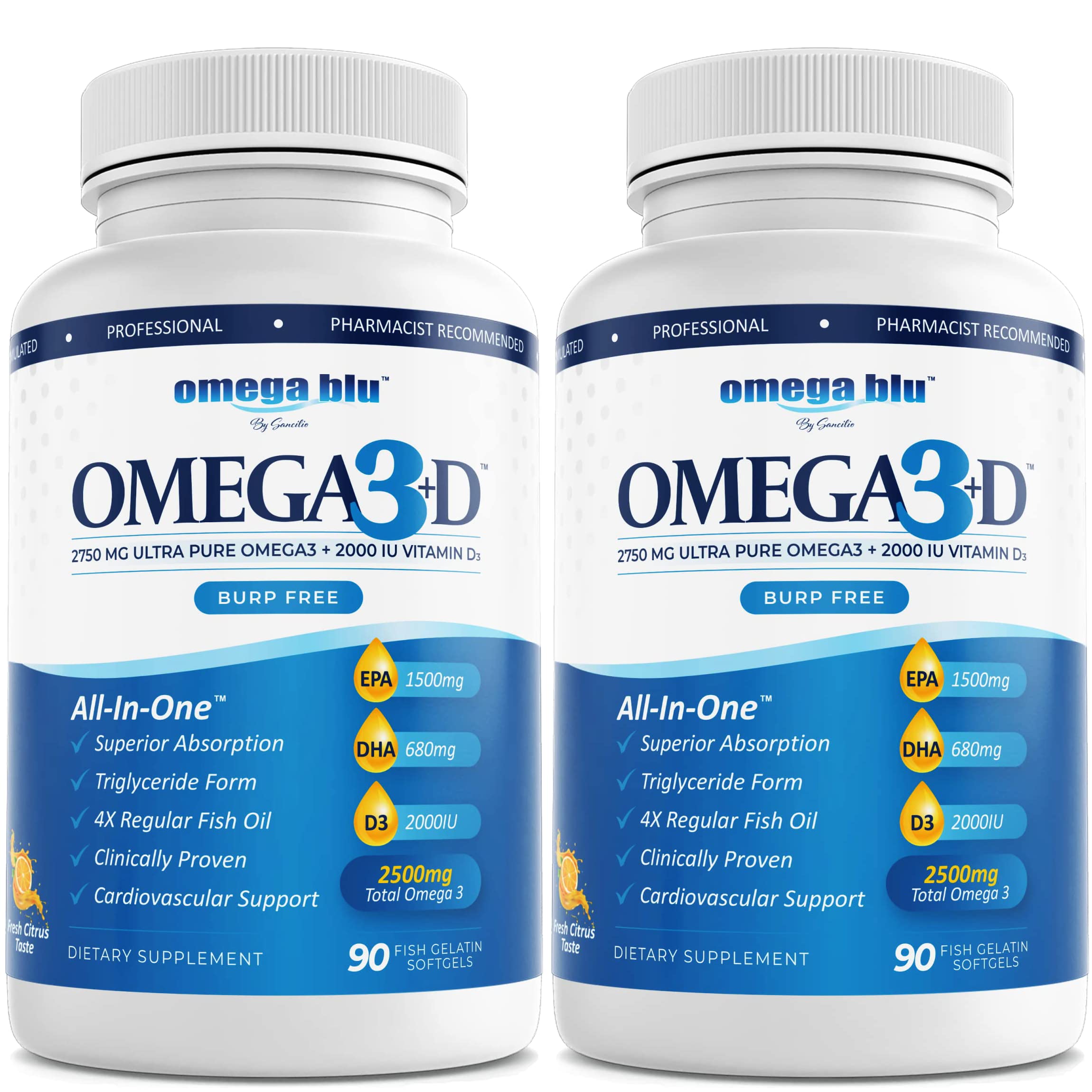 Bottle of Omega Blu Triple Strength Fish Oil with 90 servings