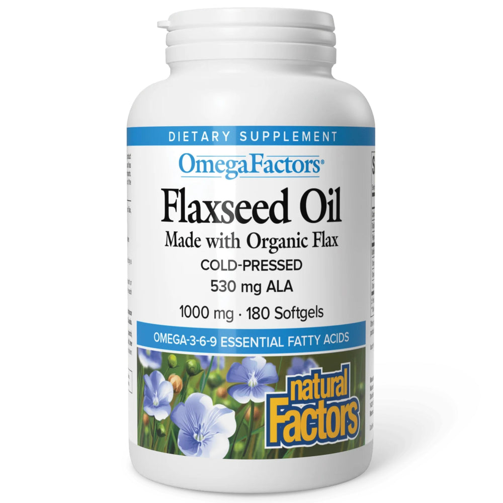 Front view of Omega Factors Flaxseed Oil bottle label