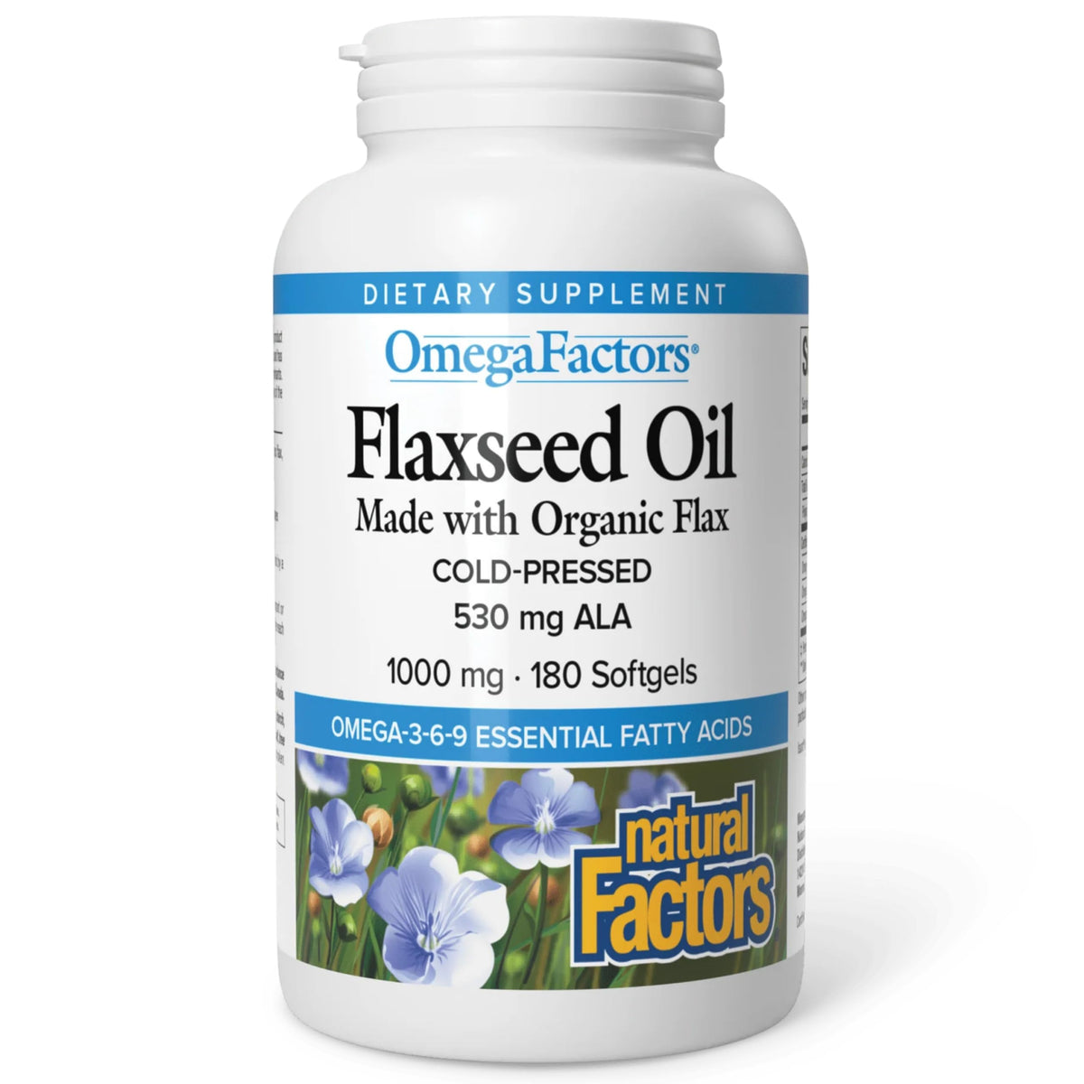 Front view of Omega Factors Flaxseed Oil bottle label