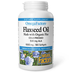 Front view of Omega Factors Flaxseed Oil bottle label
