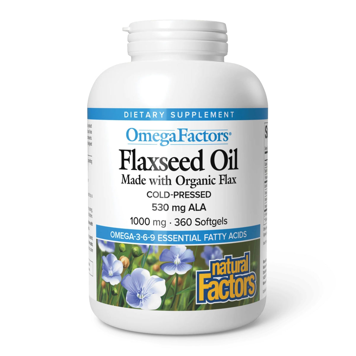 Omega Factors Flaxseed Oil bottle with 360 softgels