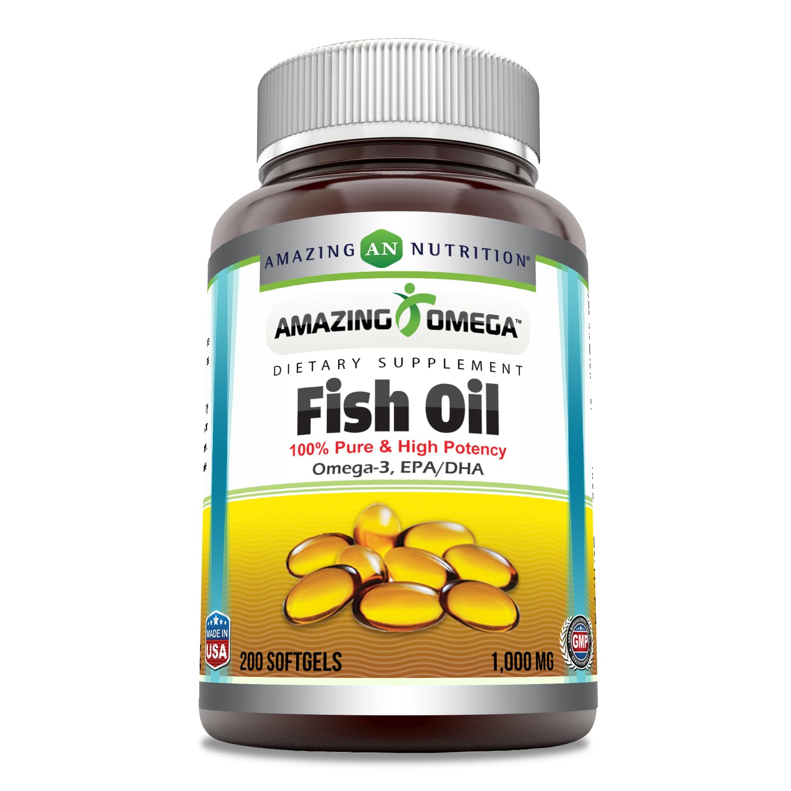 Bottle of Amazing Omega Fish Oil 1000 mg softgels with label