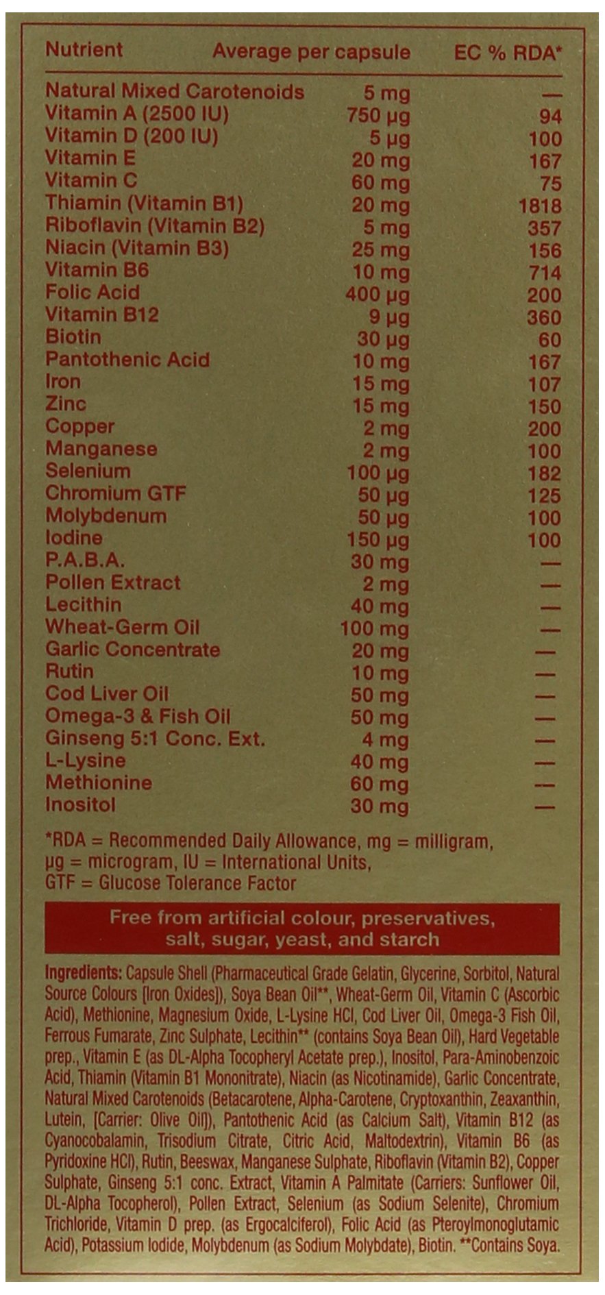 Omega-H3 Multivitamin Mineral nutrition label