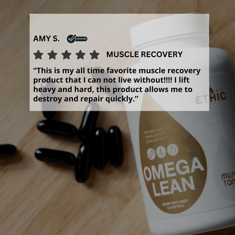 Two Omega Lean softgels with a glass of water
