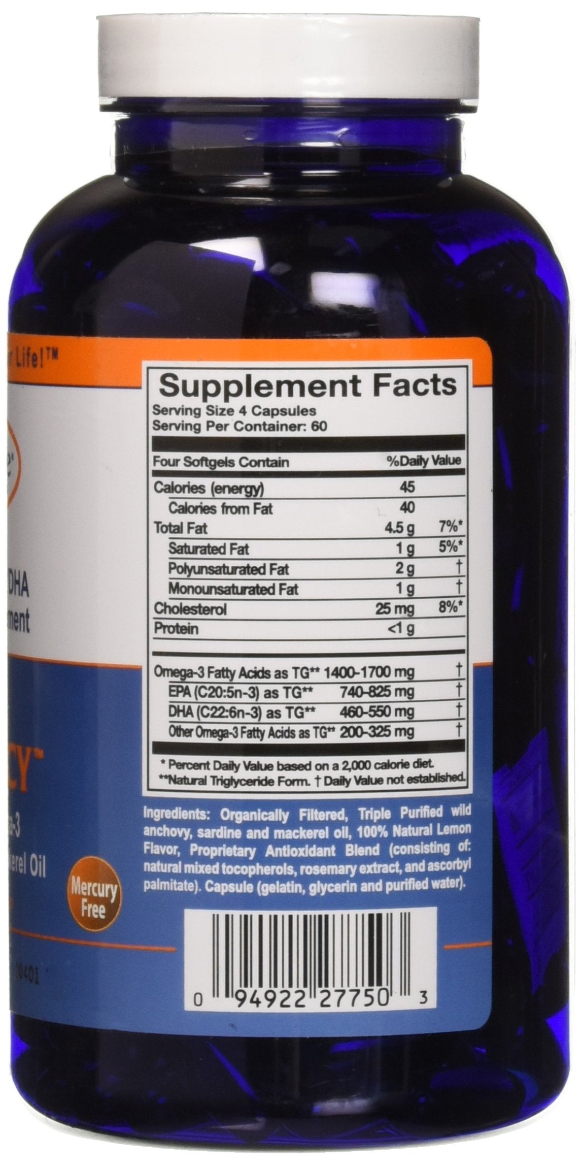 Nutrition facts label of Omega Sufficiency Lemon 240 Capsules