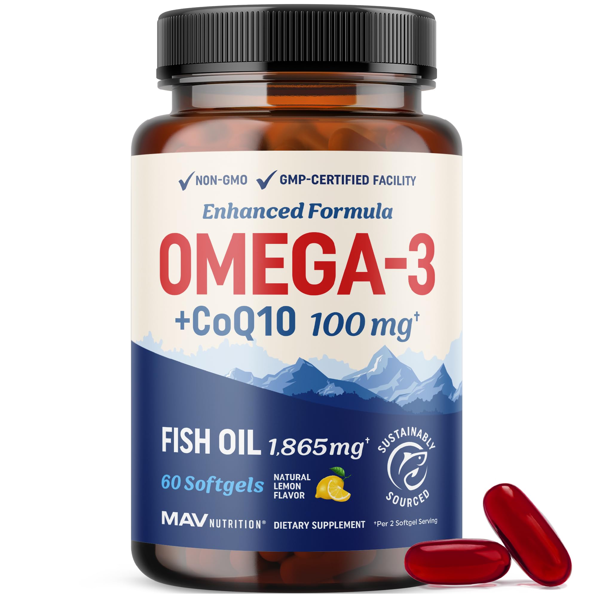 Omega 3 Fish Oil + CoQ10 bottle with 60 softgels - 1305mg Omega-3