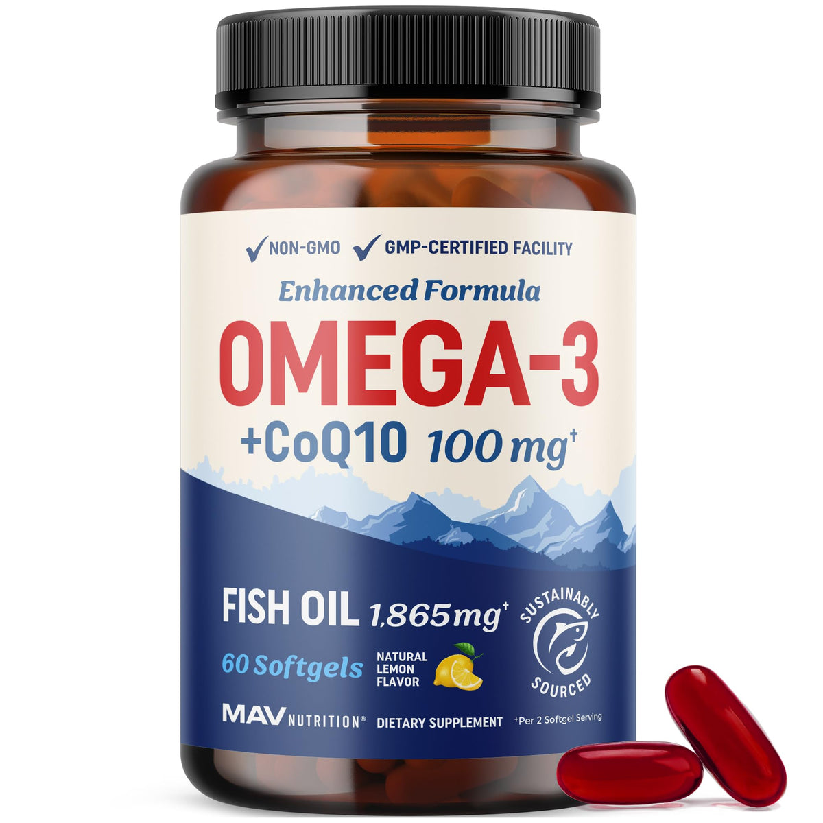 Omega 3 Fish Oil + CoQ10 bottle with 60 softgels - 1305mg Omega-3