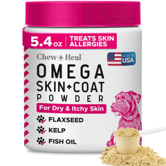 Front view of Chew + Heal Omega 3 powder dog supplement jar
