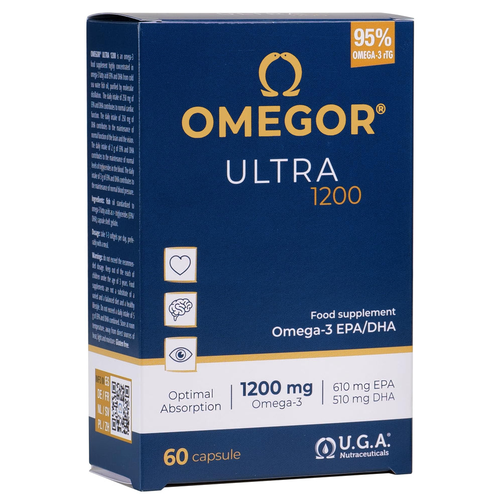 Front view of OMEGOR Omega-3 Ultra 1200mg bottle