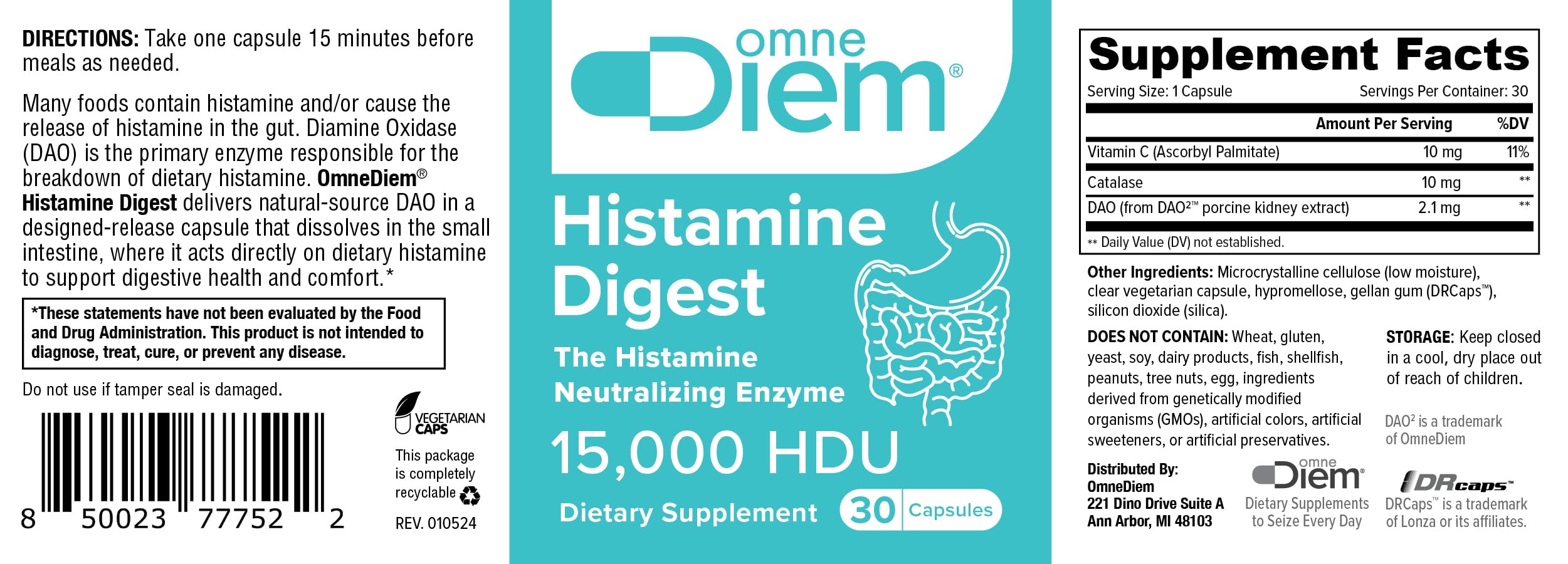 Close-up of OmneDiem Histamine Digest packaging showing 15000 HDU DAO enzyme per serving