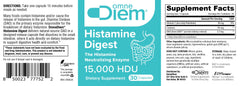 Close-up of OmneDiem Histamine Digest packaging showing 15000 HDU DAO enzyme per serving