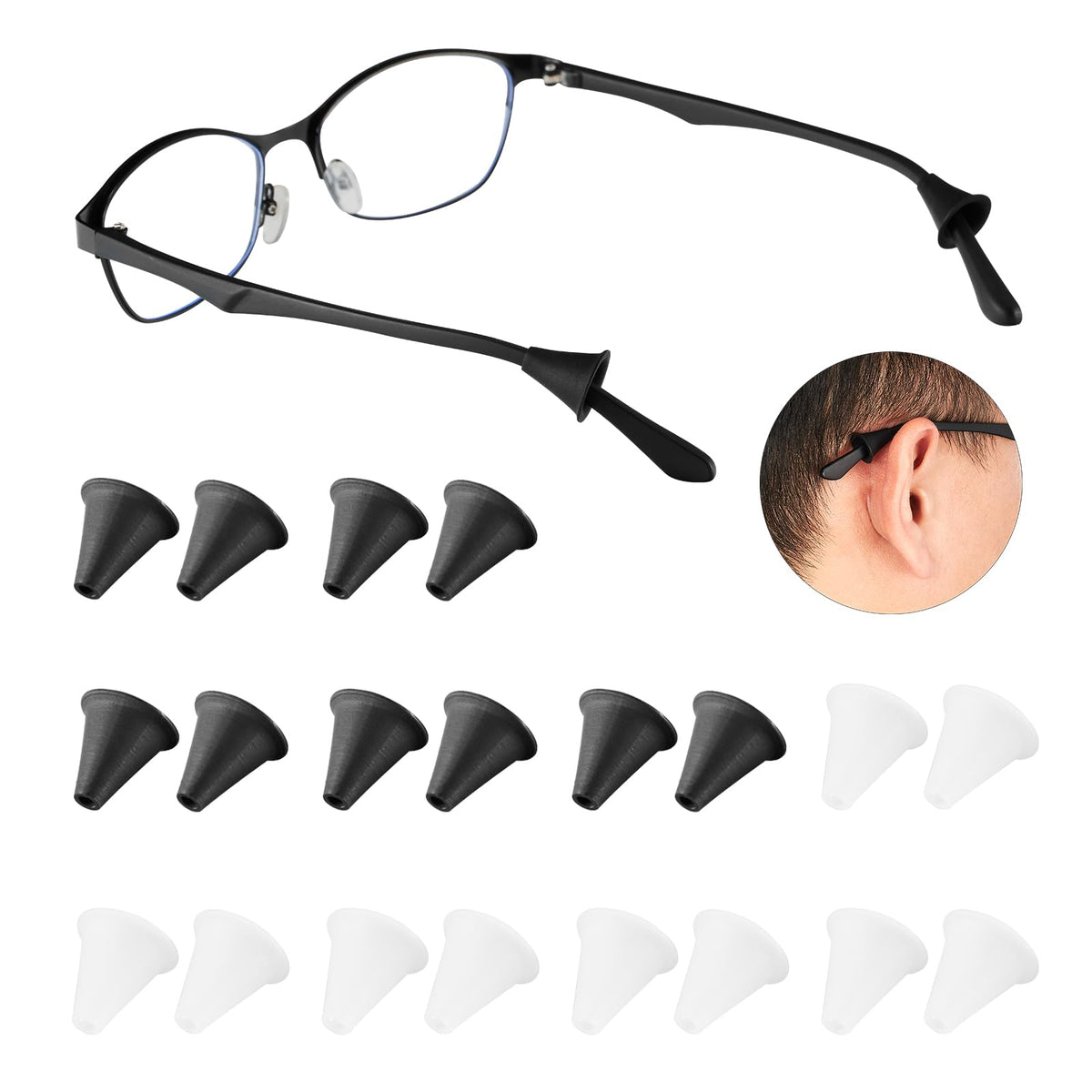 Omnful anti-slip glasses ear grips with soft silicone shown on glasses.