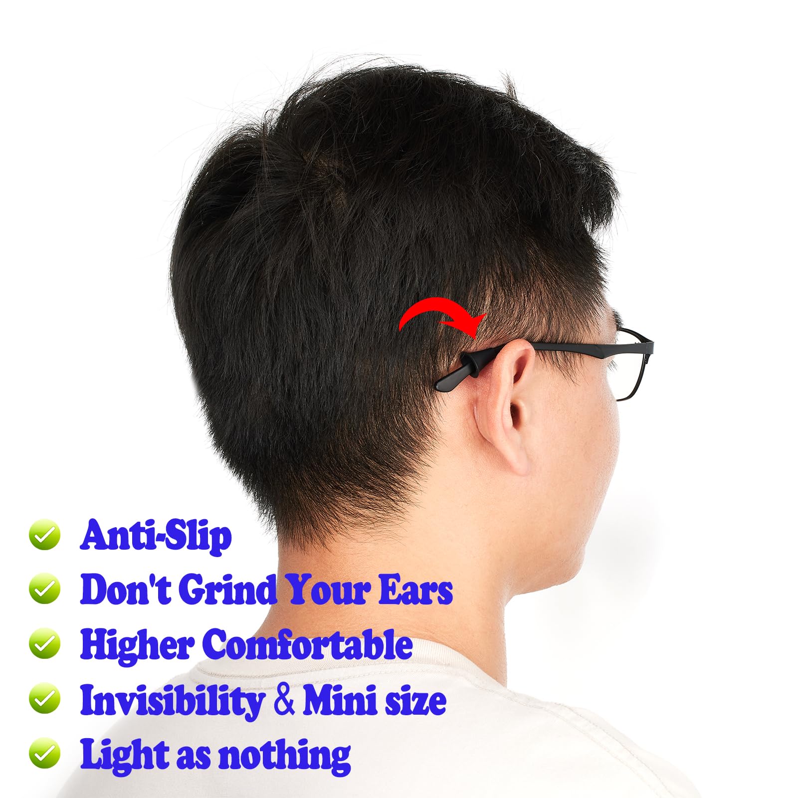 Product packaging showing 10 pairs of Omnful glasses ear grips.