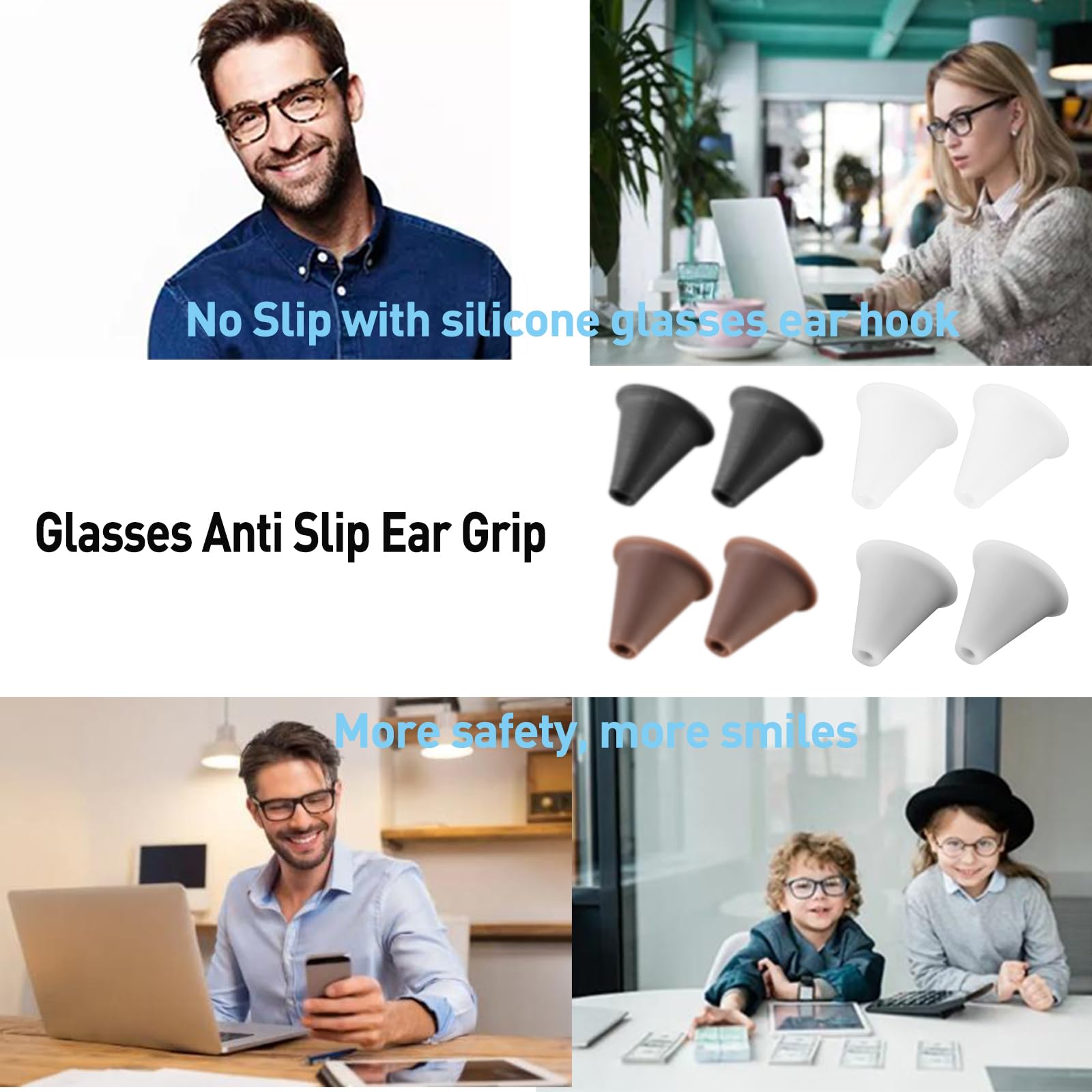 Color options for Omnful ear grips in Black, White, Grey, and Brown.