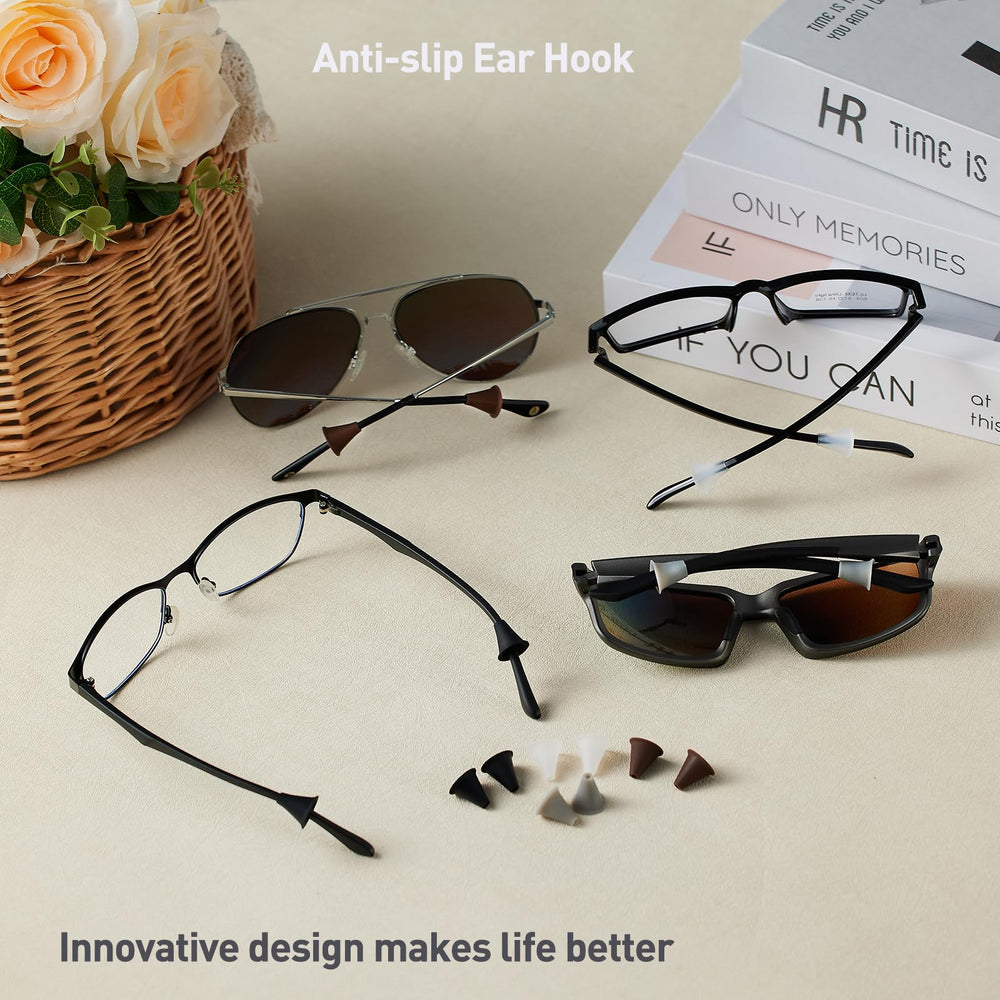 All-day secure grip for sunglasses, reading glasses, and eyeglasses using Omnful grips.
