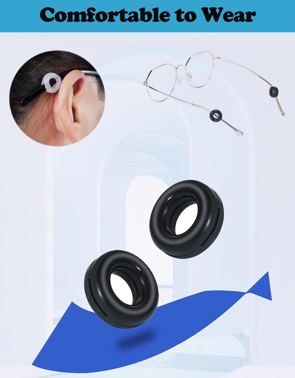 Pink silicone glasses ear grips on a frame