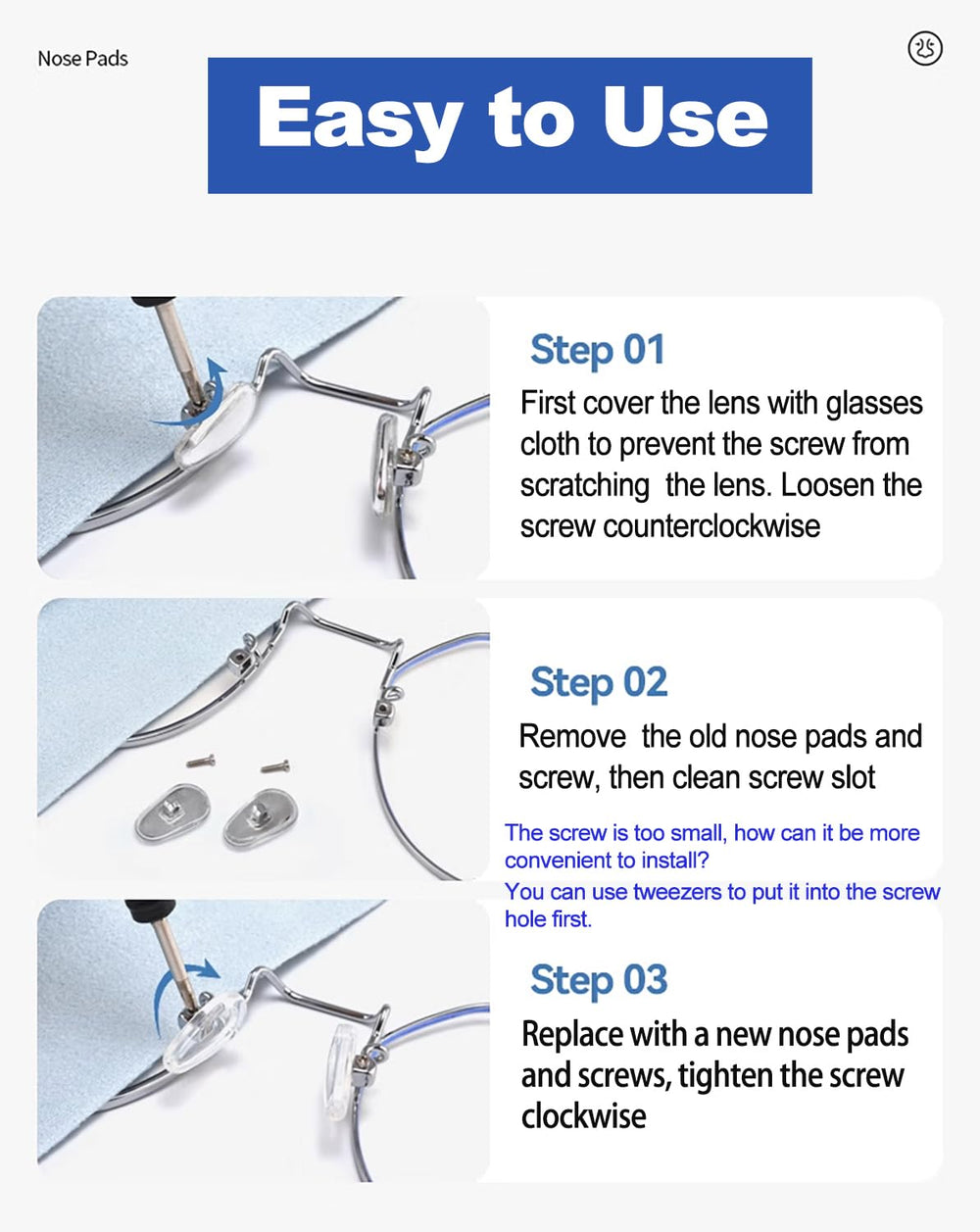 Step-by-step view of replacing eyeglass nose pads
