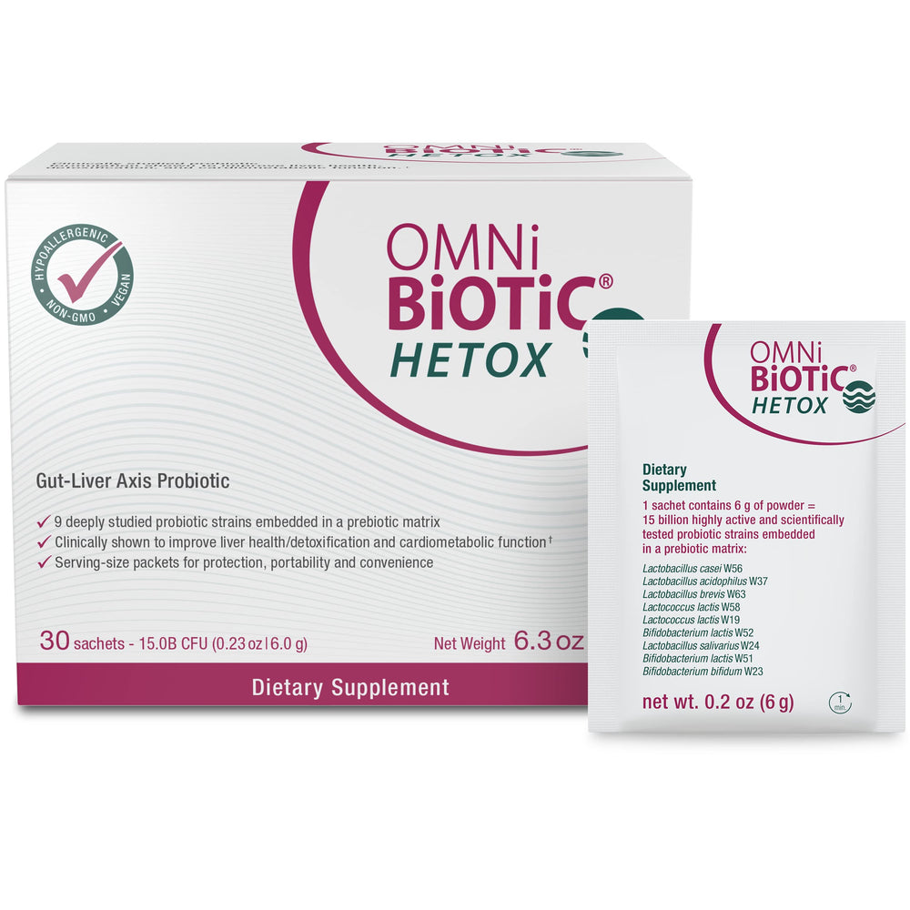 OMNi BiOTiC Hetox bottle front showing detox-supporting probiotic blend for gut-liver health
