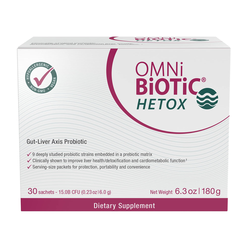 OMNi BiOTiC Hetox bottle label closeup highlighting hypoallergenic formula for sensitive users