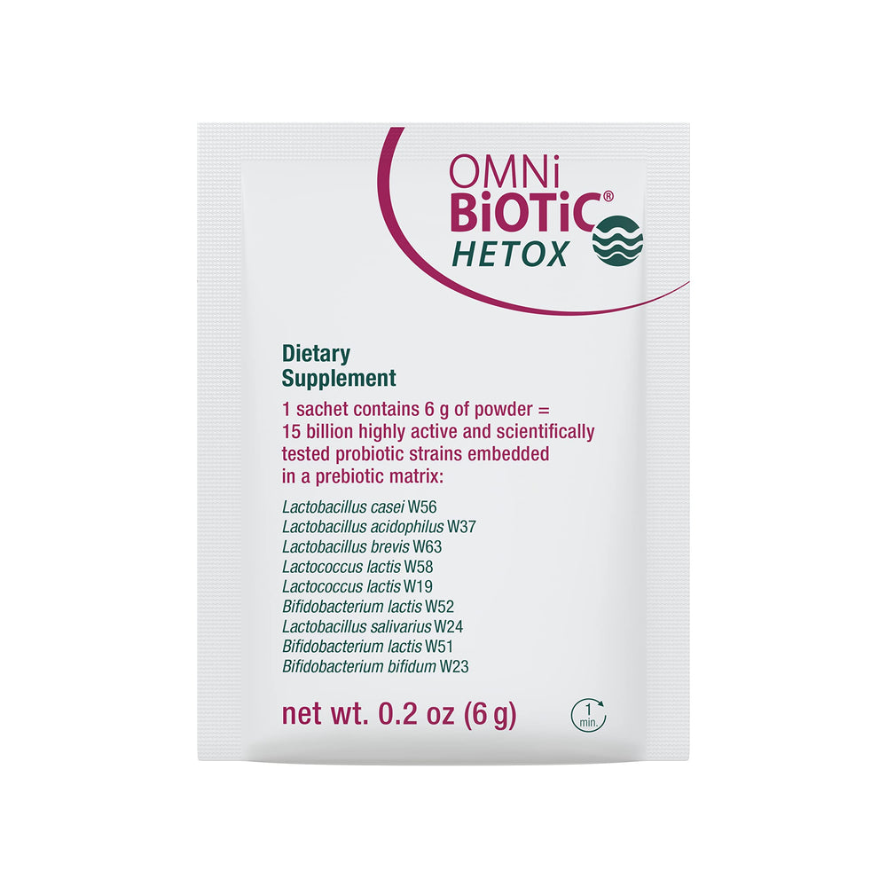 OMNi BiOTiC Hetox packaging on shelf signaling a hypoallergenic gut-liver support option