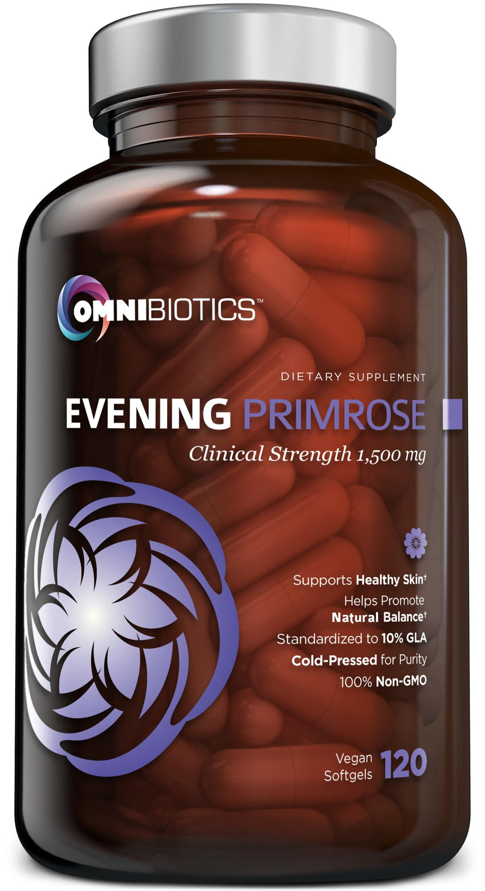 OmniBiotics Organic Evening Primrose Oil bottle with 120 vegan softgel capsules