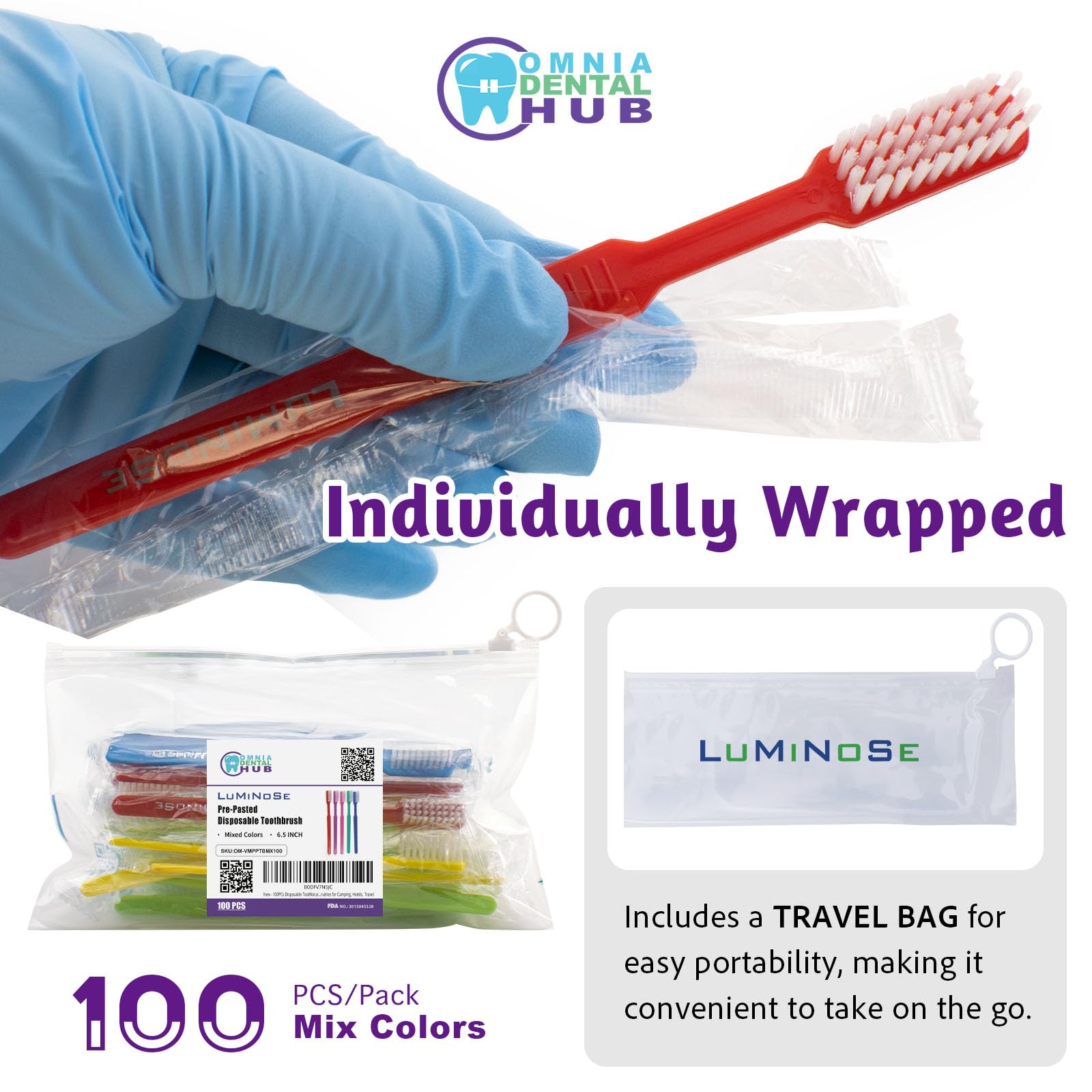 Compact 100-count prepasted toothbrushes for hotels