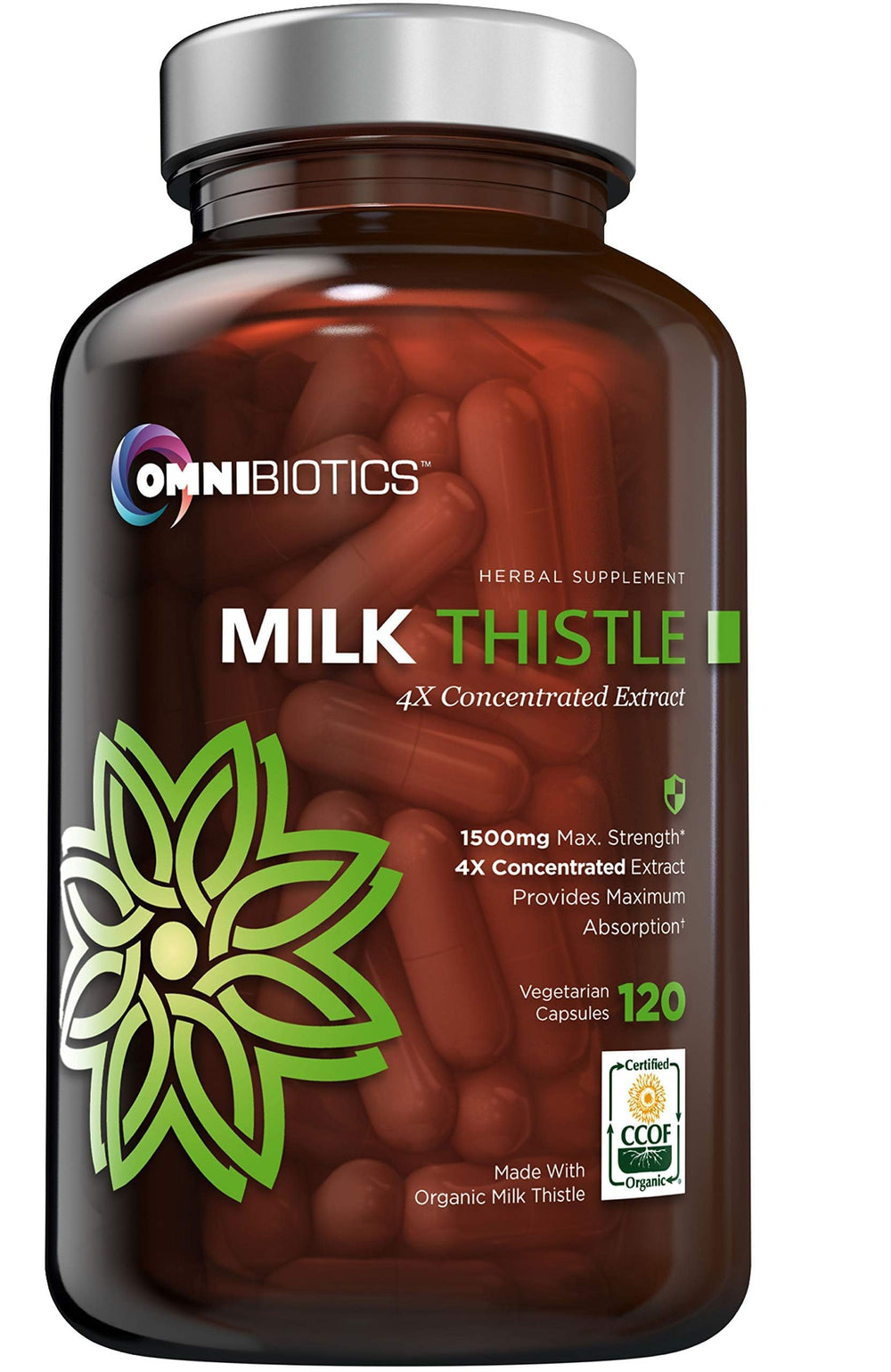OmniBiotics Milk Thistle 1500mg bottle with 4X concentrate label