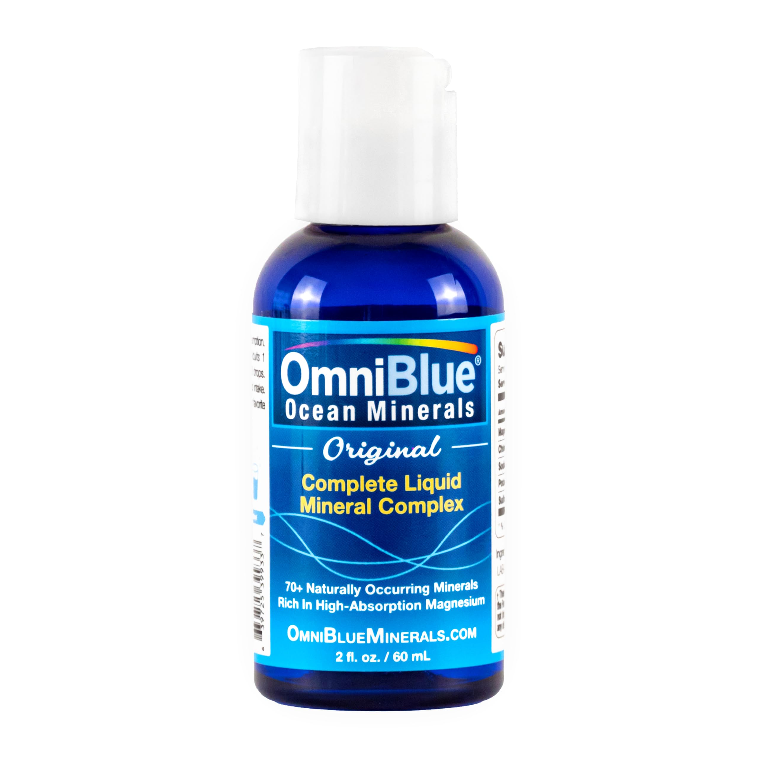 Bottle of OmniBlue Ocean Minerals highlighting 70+ trace minerals and liquid magnesium (2 oz).
