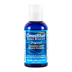 Bottle of OmniBlue Ocean Minerals highlighting 70+ trace minerals and liquid magnesium (2 oz).