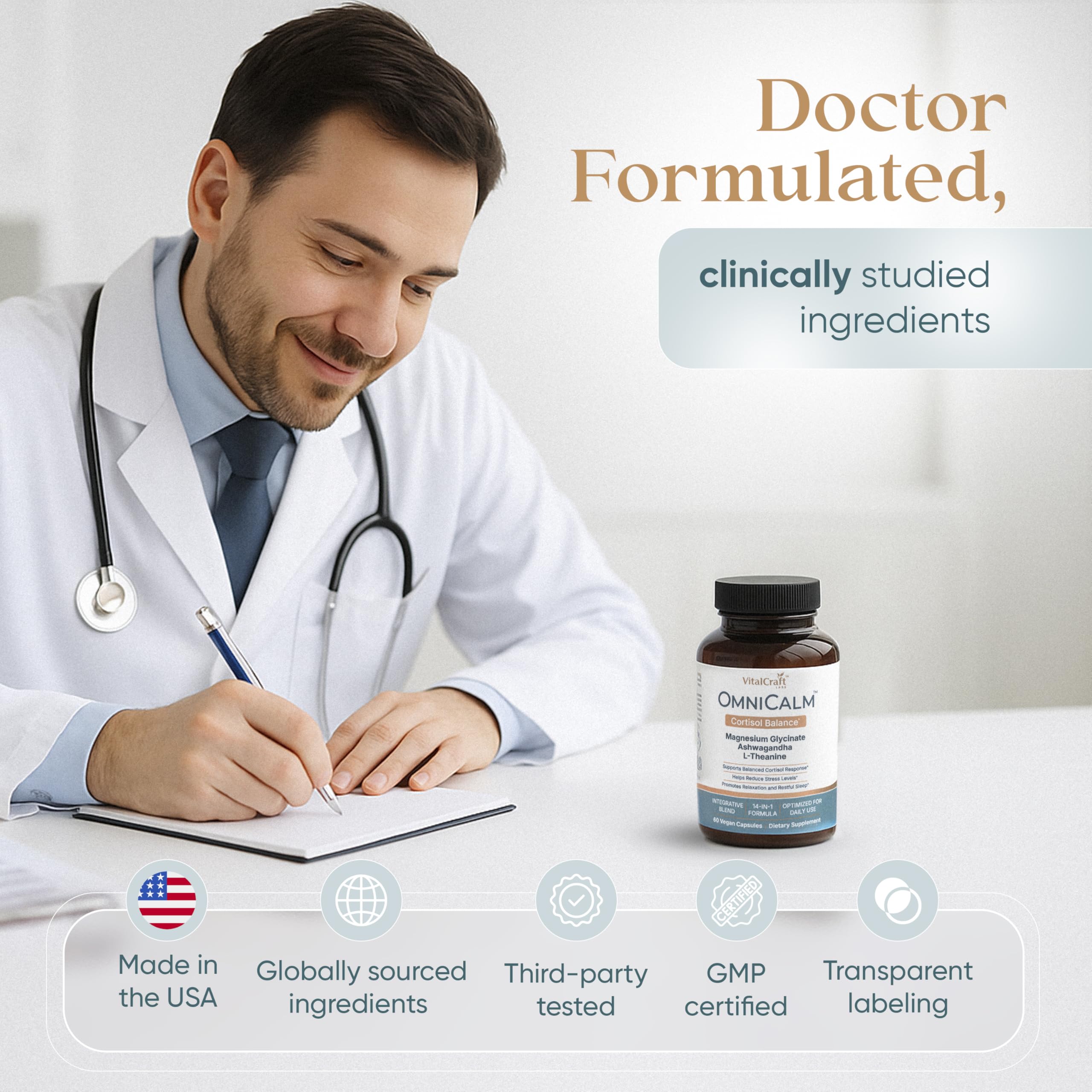 Made in USA and third-party lab tested seal on OmniCalm bottle