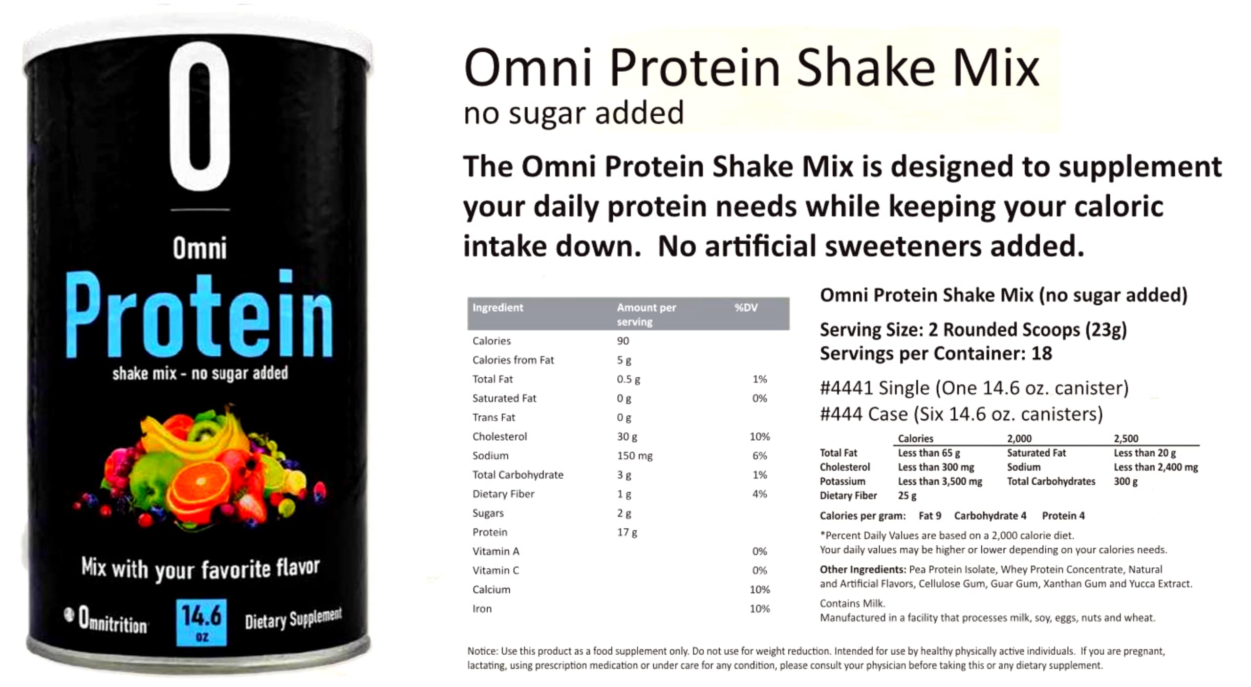 Label of Omni Protein Shake Mix No Sugar Added Unflavored 14.6 oz