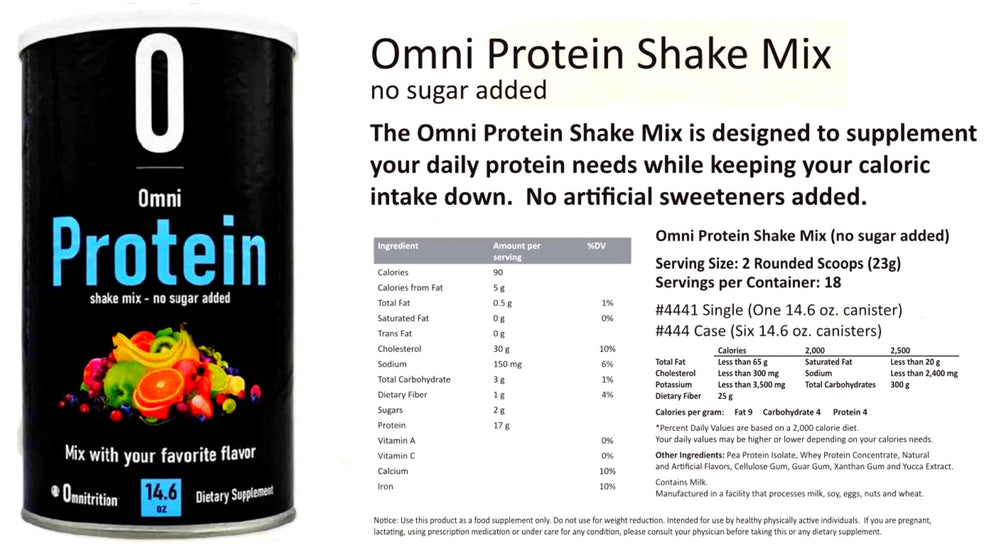 Label of Omni Protein Shake Mix No Sugar Added Unflavored 14.6 oz