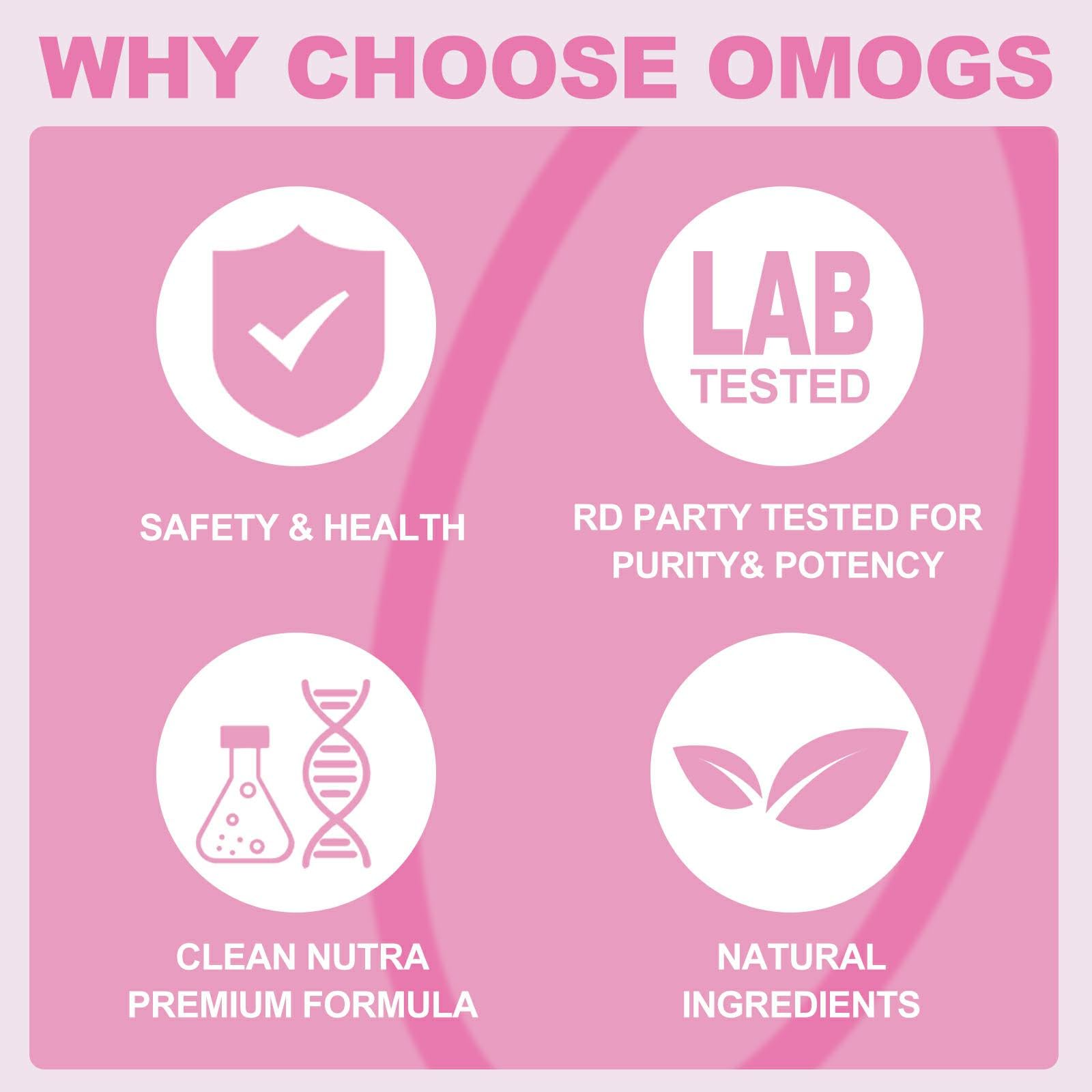 OMOGS collagen powder packaging closeup showing non-GMO and grass-fed source.