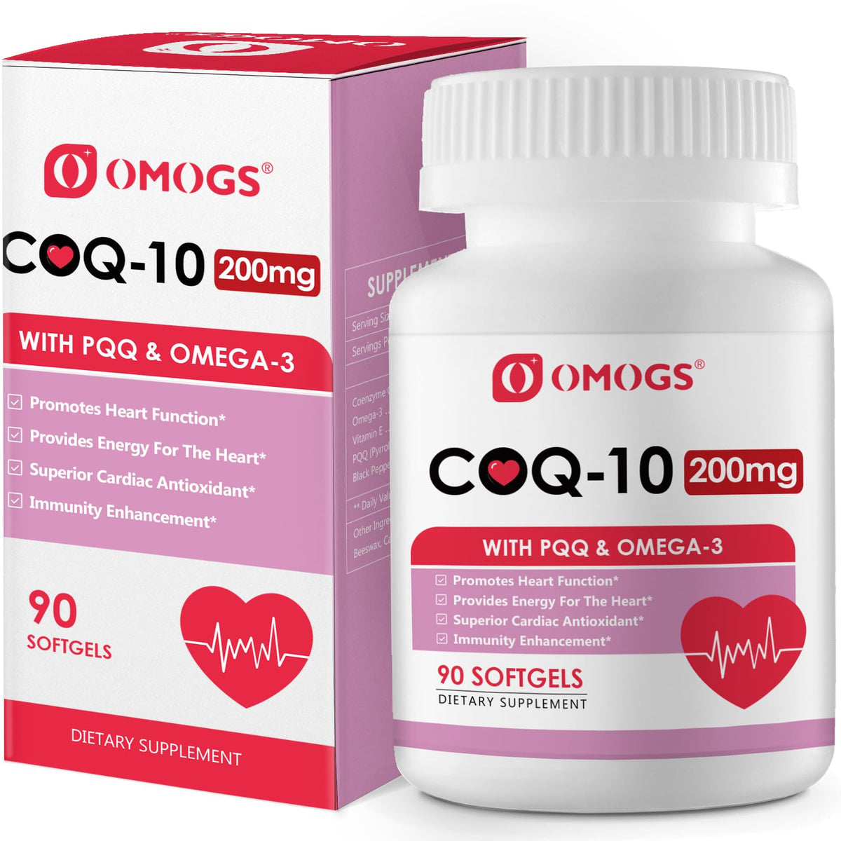 OMOGS CoQ10 200mg Softgels bottle with label on a white background