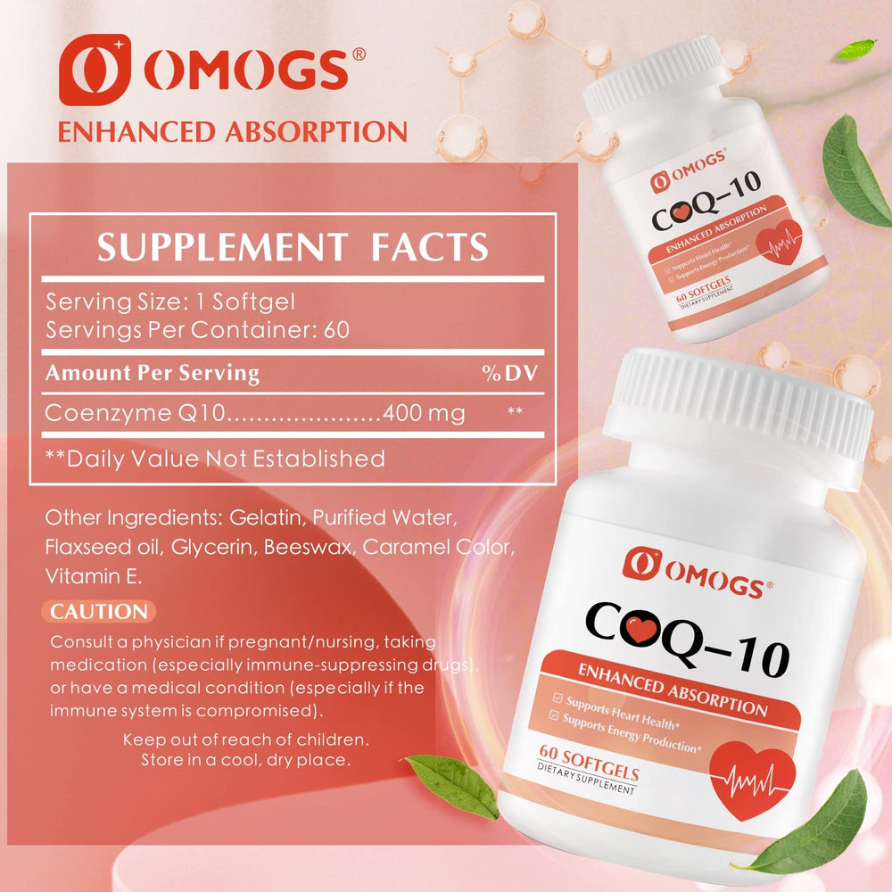 Back label and supplement facts of OMOGS CoQ10 400mg softgels