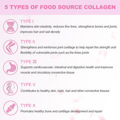 Ingredients panel highlighting collagen types I–X, probiotics, vitamin C
