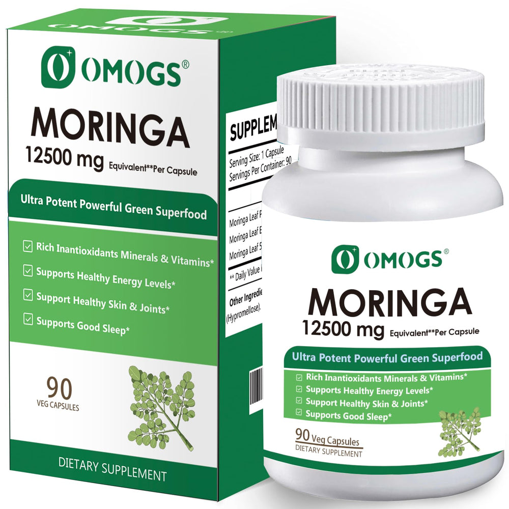 OMOGS Moringa Capsules bottle with 90 vegan capsules