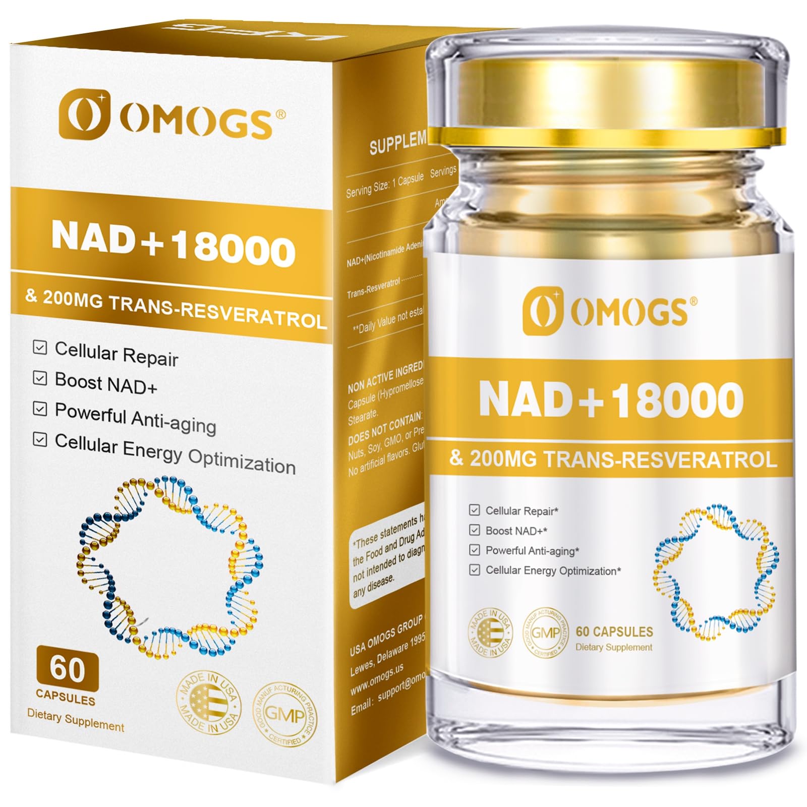 OMOGS NAD+ 300mg + Trans-Resveratrol 200mg bottle front