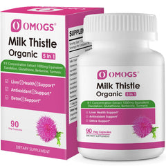 Bottle of OMOGS Organic Milk Thistle 90 capsules for liver support