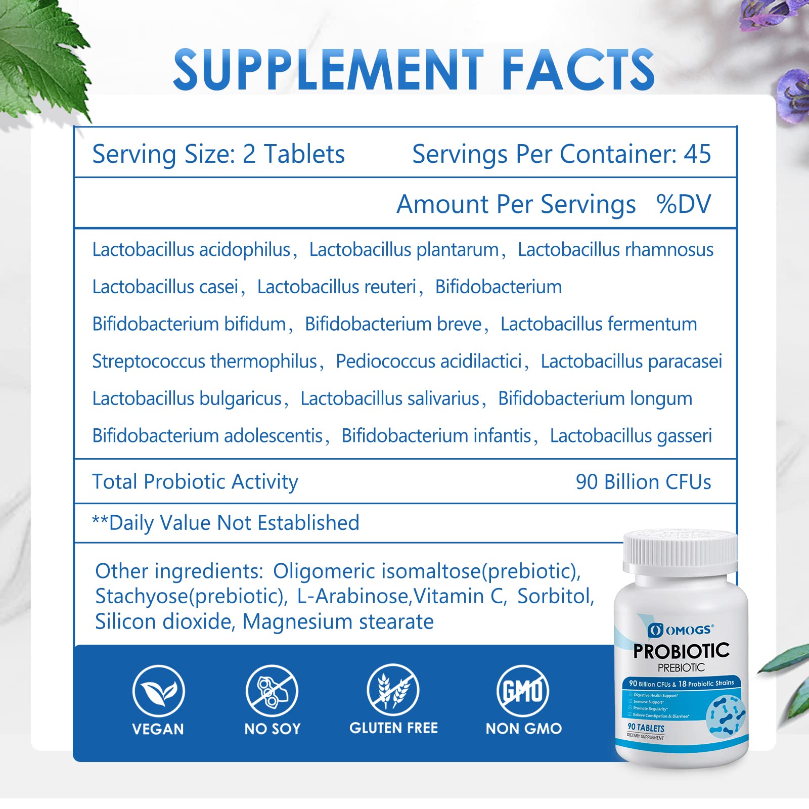 Graphic showing 18 probiotic strains with 3 organic prebiotics