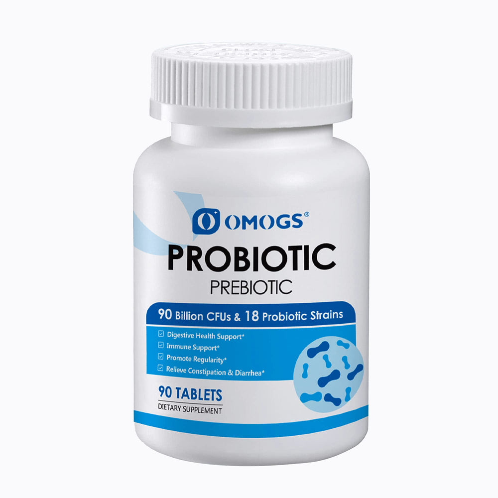 OMOGS Probiotics bottle labeled 90B CFUs and 18 strains