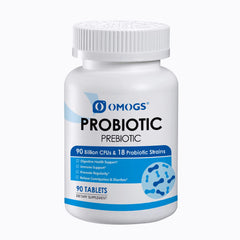 OMOGS Probiotics bottle labeled 90B CFUs and 18 strains