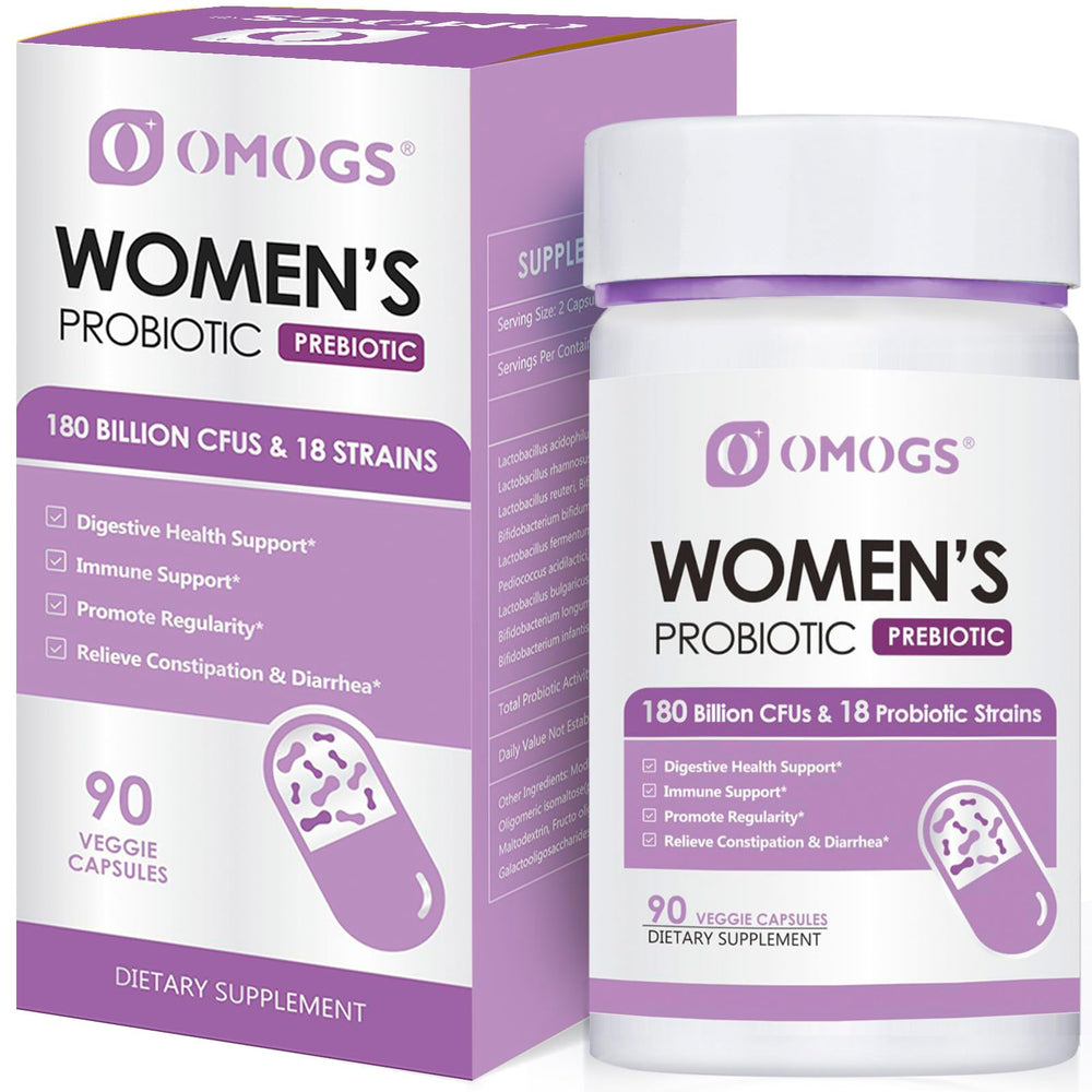 Front view of OMOGS Women's Probiotic bottle with 180 Billion CFUs