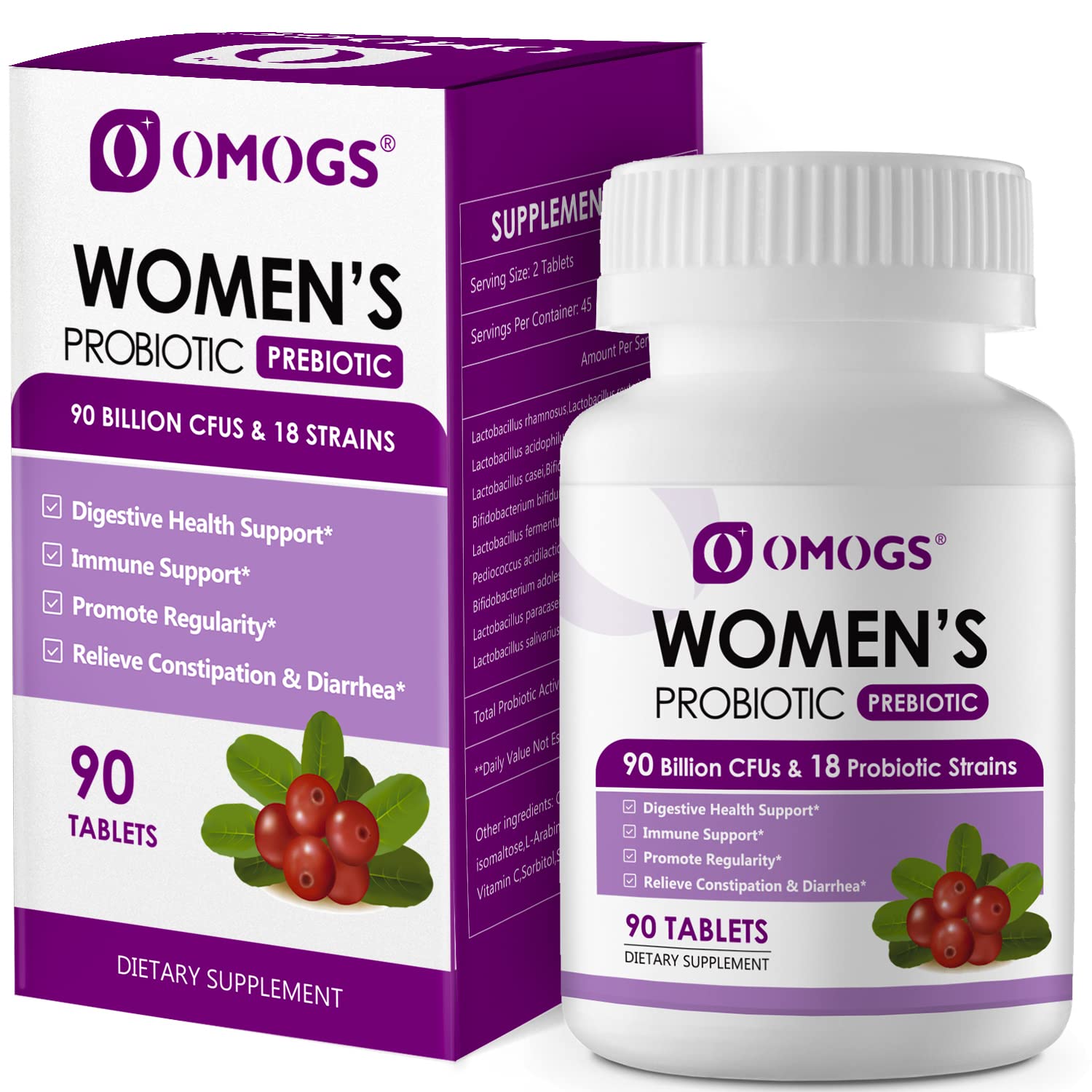 Bottle of OMOGS Women's Probiotic showing 90B CFU and 18 strains