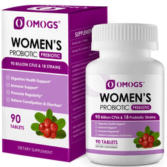 Bottle of OMOGS Women's Probiotic showing 90B CFU and 18 strains