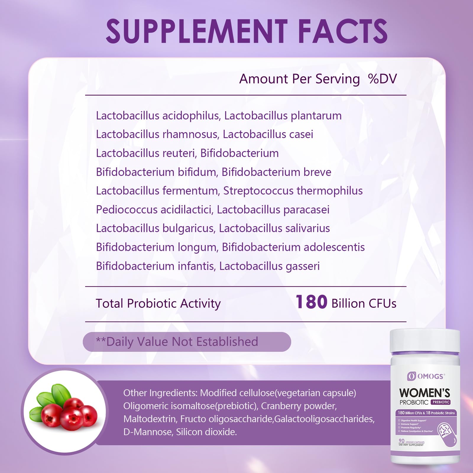 Probiotic ingredients image showing prebiotics cranberry and D-Mannose