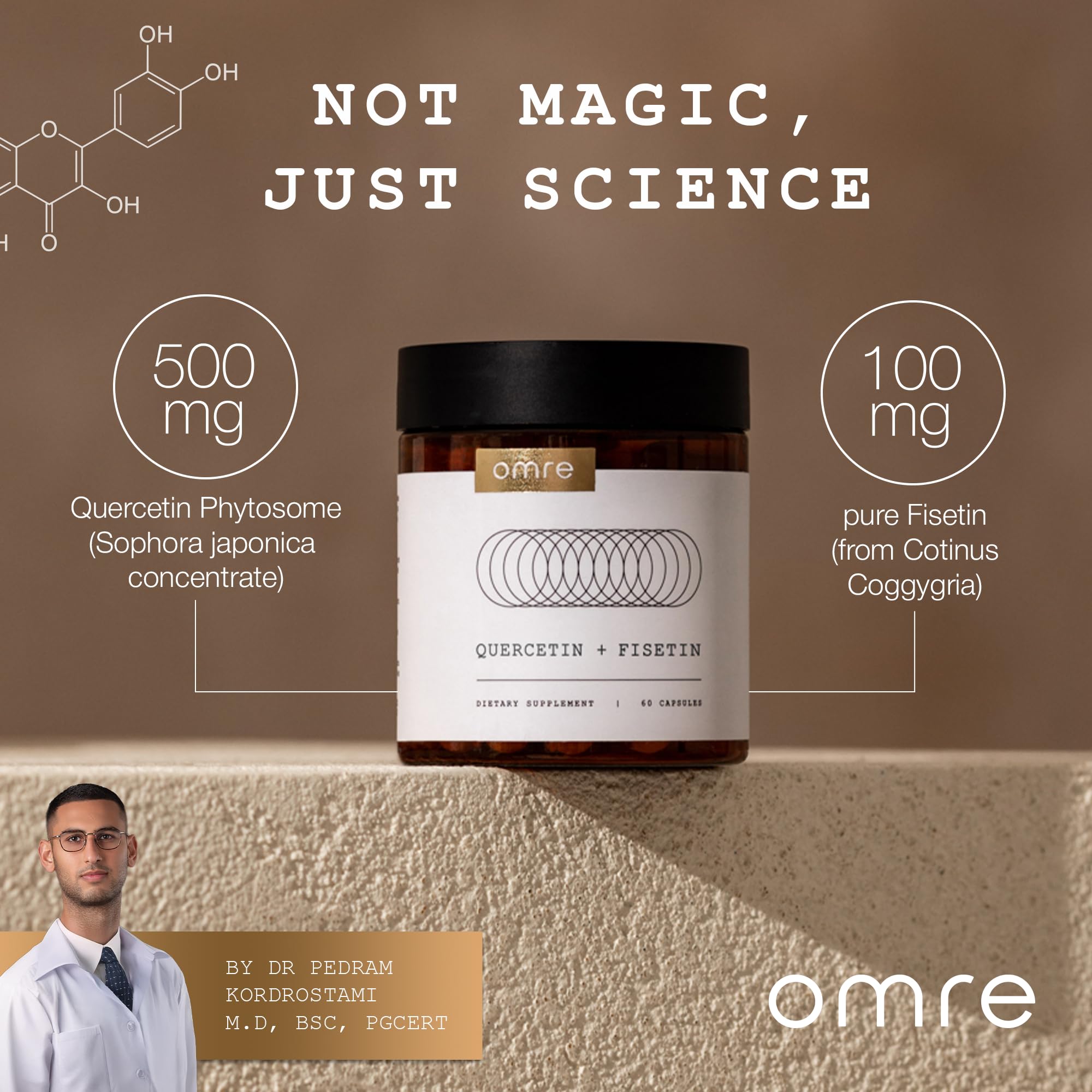 Close-up of OMRE Quercetin and Fisetin supplement pills